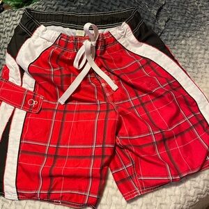 GO FOR A SWIM 🏊 IN OP MEN’S SWIM TRUNKS RED WHITE BLACK BIG PLAID SIZE:L(42-44)